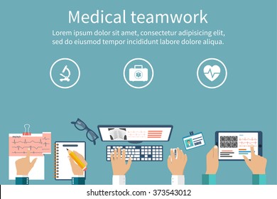 Top view of group of doctors working at a desk. Modern diagnostic equipment and methods. Discussion and research. Flat Design, Vector. Medical Workplace. Medical diagnostics concept. Tablet, pc.