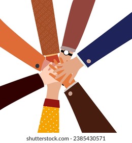 top view Group of hands People of business cooperation, multicultural people showing unity and teamwork