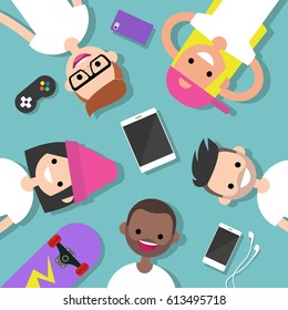 Top view of the group of millennials lying on the floor surrounded by devices / flat editable vector illustration, clip art