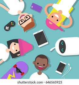 Top view of the group of millennials lying on the floor surrounded by devices / flat editable vector illustration, clip art