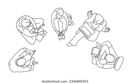Top view of a group of people. Hand drawn vector illustration. Black and white.