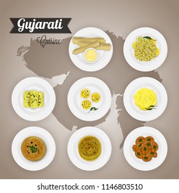 Top view of Gujarati cuisine set with illustration of brown state map background. - Shutterstock ID 1146803510