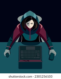 Draufsicht. Hacker mit Computer auf einem Desktop. Hooded Girl mit Laptop. Hacking-Verbindung. Informationen stehlen und online verbreiten