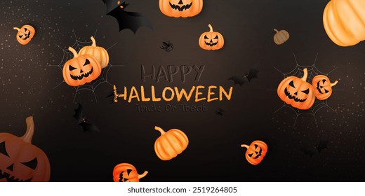 Top view Halloween day banner design illustration. 3D render Halloween day invitation card design with black gradient color. Black color realistic Happy Halloween Day Party banner design template. 