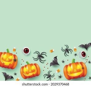 Top view Halloween holiday background with candy, eyeballs, bats and spiders. Vector