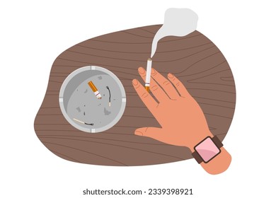 Vista superior de la mano con cigarrillo, cenicero con fósforos, colillas de cigarrillos. Persona fumando. Mano humana sosteniendo cigarrillos con humo. Ilustración vectorial plana. Adicción, fumar mata el concepto, malos hábitos