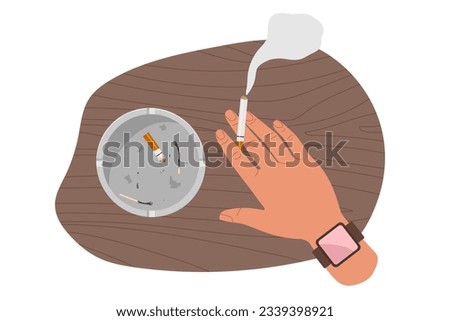 Top view of hand with cigarette, ashtray with matches, cigarette butts. Person smoking. Human hand holding cigarette with smoke. Flat vector illustration. Addiction, smoking kills concept, Bad habits