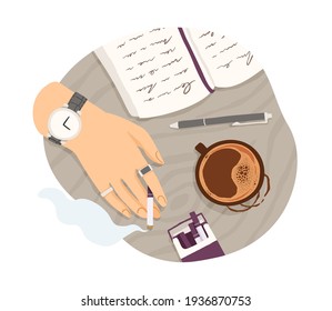 Top view of hand with cigarette, cup of coffee and diary with notes. Writer smoking and writing in notebook. Colored flat vector illustration isolated on white background