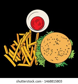 Top view Hand drawn cheeseburger with fried potatoes.  Sketch humburger with lettuce. american food.