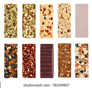 Top view of hand drawn healthy and energy bars, nuts, granola, muesli or cereal. Set of energy, sport, breakfast and protein bars on white background. Vector illustration