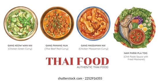 Top-Ansicht von handgezeichnet traditionellen thailändischen Lebensmittel Wasser Farbe Vektorgrafik, grünes Curry, Huhn rotes Curry, Chili Vergangenheit mit gebratenen Makrele und Massaman. 