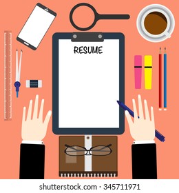Top view of hand hold a pen writing a resume with coffee and office equipment. vector illustration business concept design.