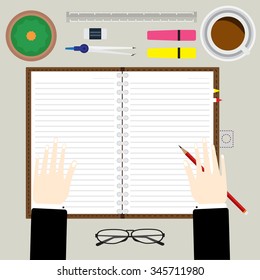 Top view of hand hold a pencil on notebook for writing a memo with coffee and office equipment. vector illustration business concept design.
