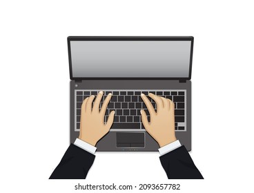 top view of hand typing on laptop keyboard isolated on white background
