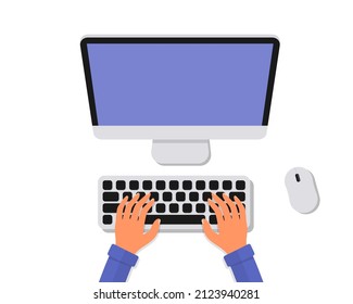 Top view of hand typing on computer. Work in PC, writing code, planning financial report, online education, conference, coding, watch video, chatting and communication. Vector illustration
