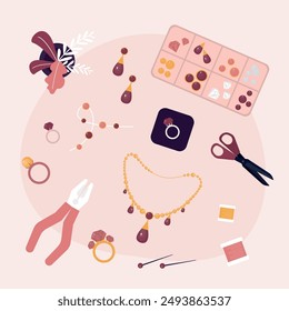 Top view, handle tools for makes jewelry by hand from precious metals, brilliance and diamonds. Jewelry equipment for design and produces expensive accessories and jewelry. flat vector illustration