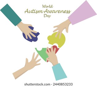 Top view hands arranging color puzzle symbol of public awareness for autism spectrum disorder. World Autism Awareness Day, ASD, Caring, Speak out, Campaign, Togetherness. Banner.