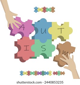 Top view hands arranging color puzzle symbol of public awareness for autism spectrum disorder. World Autism Awareness Day, ASD, Caring, Speak out, Campaign, Togetherness. Banner.