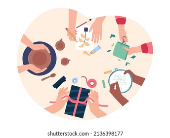 Top view of hands of children making creative crafts. People scrapbooking, sewing or doing embroidery, drawing in workshop, handmade works flat vector illustration. DIY, creativity, craftwork concept