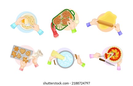 Top View Of Hands Cooking Tasty Dishes Set. Hands Cooking Pasta, Rolling Dough, Glazing Cookies Vector Illustration