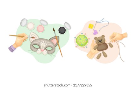 Top view of hands creating crafts set. Hands making carnival mask and sewing bear toy vector illustration