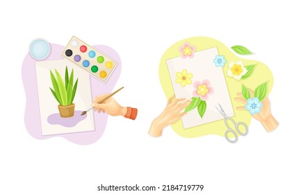 Vista superior de las manos que crean artesanías conjunto. Manos creando imagen con pinturas y haciendo ilustración vectorial de aplicación