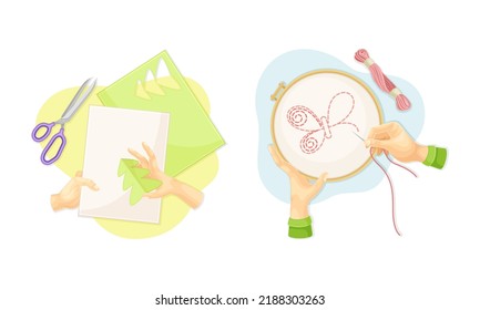 Vista superior de las manos que crean artesanías conjunto. Mariposa con bordado manual en lienzo y ilustración vectorial de aplicación