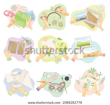 Top view of hands creating handmade crafts set. Creative work process, hobby and craft. Person sewing, knitting, painting, making applique concept vector illustration
