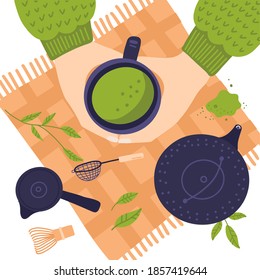 Manos de vista superior con taza de té matcha. Composición plana con diferentes elementos. Ilustración del vector