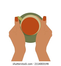 Top view hands hold a hot mug of tea. Flat vector isolated illustration