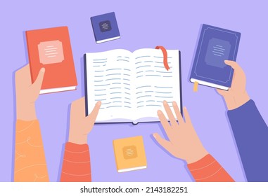 Top view of hands holding different books. People learning or studying at library flat vector illustration. Education, knowledge concept for banner, website design or landing web page