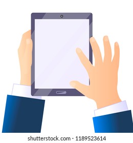 Top view of hands holding digital tablet device. Vector flat illustration isolated on white background.
