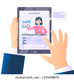 Top view of hands holding digital tablet device with live webinar. Vector flat illustration isolated on white background.