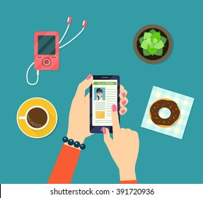 Top View. Hands Holding Mobile Phone, Cup Of Coffee, Plant In Flowerpot. Vector Flat Illustration