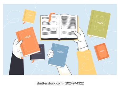 Top view of hands holding open and closed books. Textbooks with colorful covers lying on tables flat vector illustration. Library, learning process and reading concept