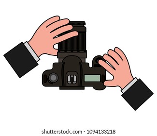 top view hands holding photographic camera