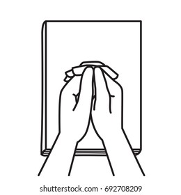 Top view of hands holding, praying on Bible book. Vector illustration, outline, line art, linear, hand drawn sketch design, simple style.