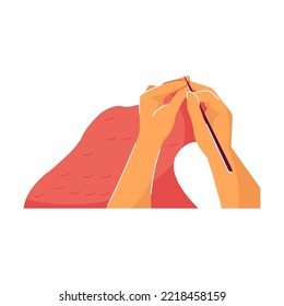 Top view of hands knitting handmade scarf. Sewing, embroidering, making creative craft works concept