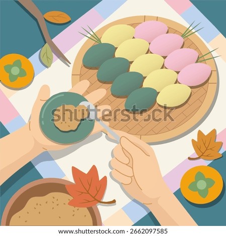 Top view of hands making Korean half-moon rice cakes (songpyeon) for Chuseok holiday