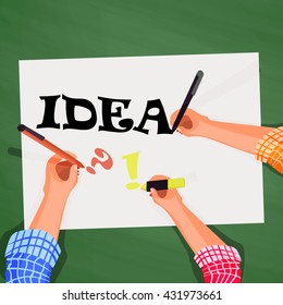 Top view, hands on the desktop, look for the idea of a business team cartoon and flat background