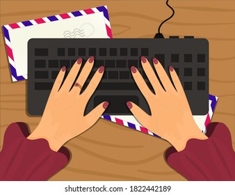 Top view of hands on a keyboard from a computer on a wooden table. Women's hands with a ring and manicure type on the keyboard. There are mail envelopes on the table. Vector illustration in flat