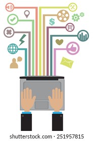 Top view of hands on laptop computer with network connection to various web icons and symbols. Conceptual vector illustration 
