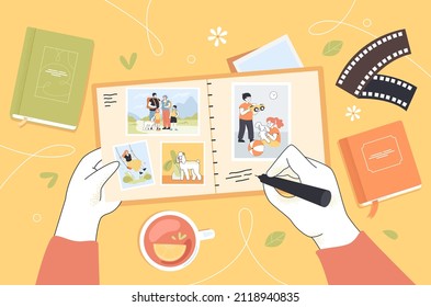 Top View Of Hands With Retro Photo Album Full Of Happy Memories. Photographer Putting Photos In Diary Flat Vector Illustration. Lifestyle, Family Concept For Banner, Website Design Or Landing Web Page