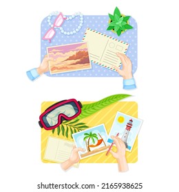 Top view of hands signing postcards set vector illustration