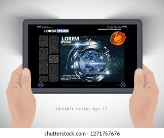 Vista superior de las manos con tablet pc, vector