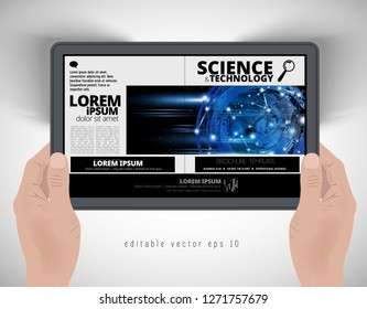 Vista superior de las manos con tablet pc, vector