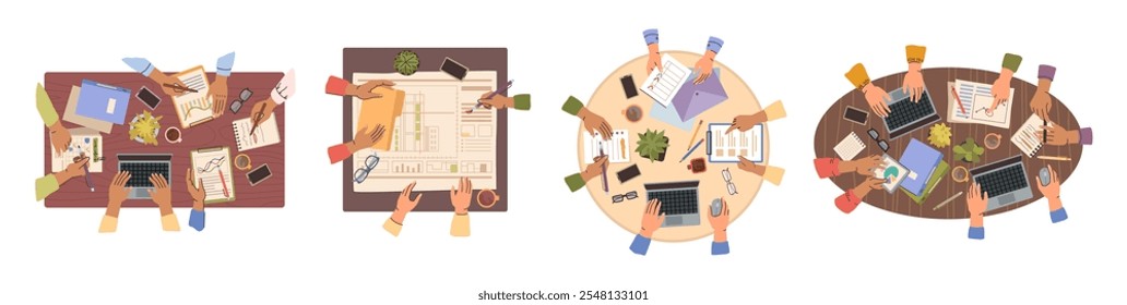 Top view of hands, teams working together at conference tables. Vector isolated set of people brainstorming and planning strategy for company. Teamwork and cooperation with colleagues and workers