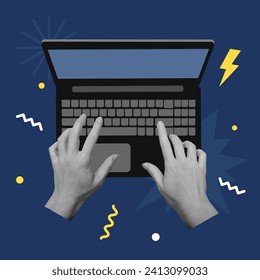 Top view of hands typing on laptop keyboard. Online education, website design, development, programming. Vector illustration