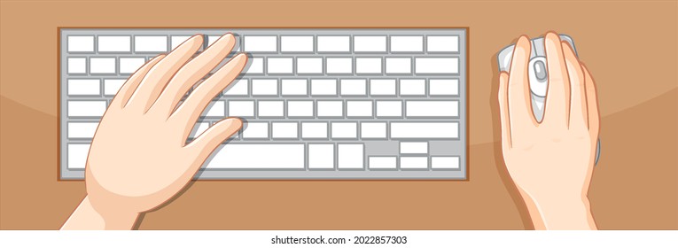 Top view of hands using keyboard and mouse on the table illustration