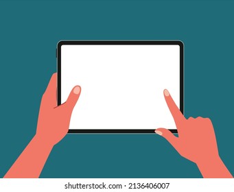 Top view of hands using point and slide a blank tablet for social media, working, content creator, study gaming or lecture flat vector illustration on white screen. Working on blank space tablet.